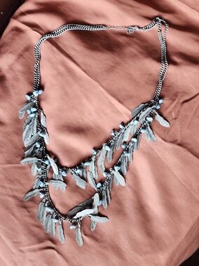 Multi-Layer Silver Leaf Necklace with Pale Blue Beads